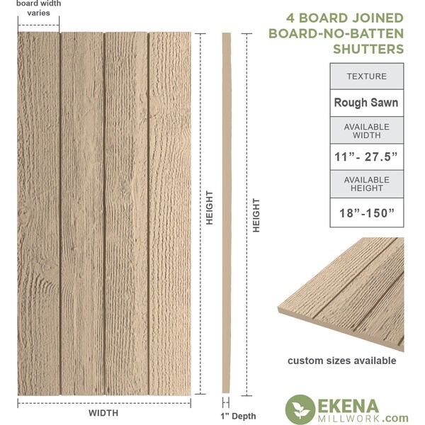 Rustic Four Board Joined Board-n-Batten Rough Sawn Faux Wood Shutters W/No Batten, 22W X 86H